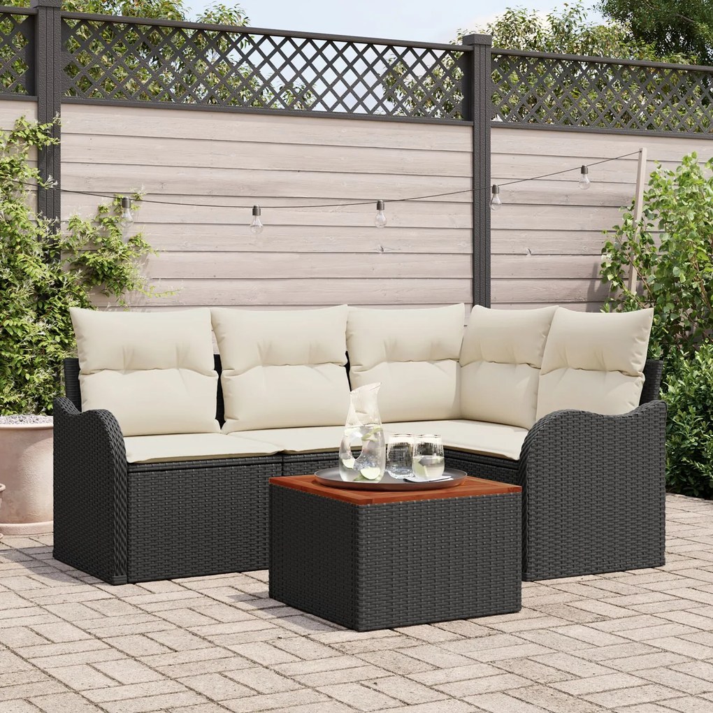 Set canapele grădină vidaXL cu 5 piese și perne Ratan negru Acacia