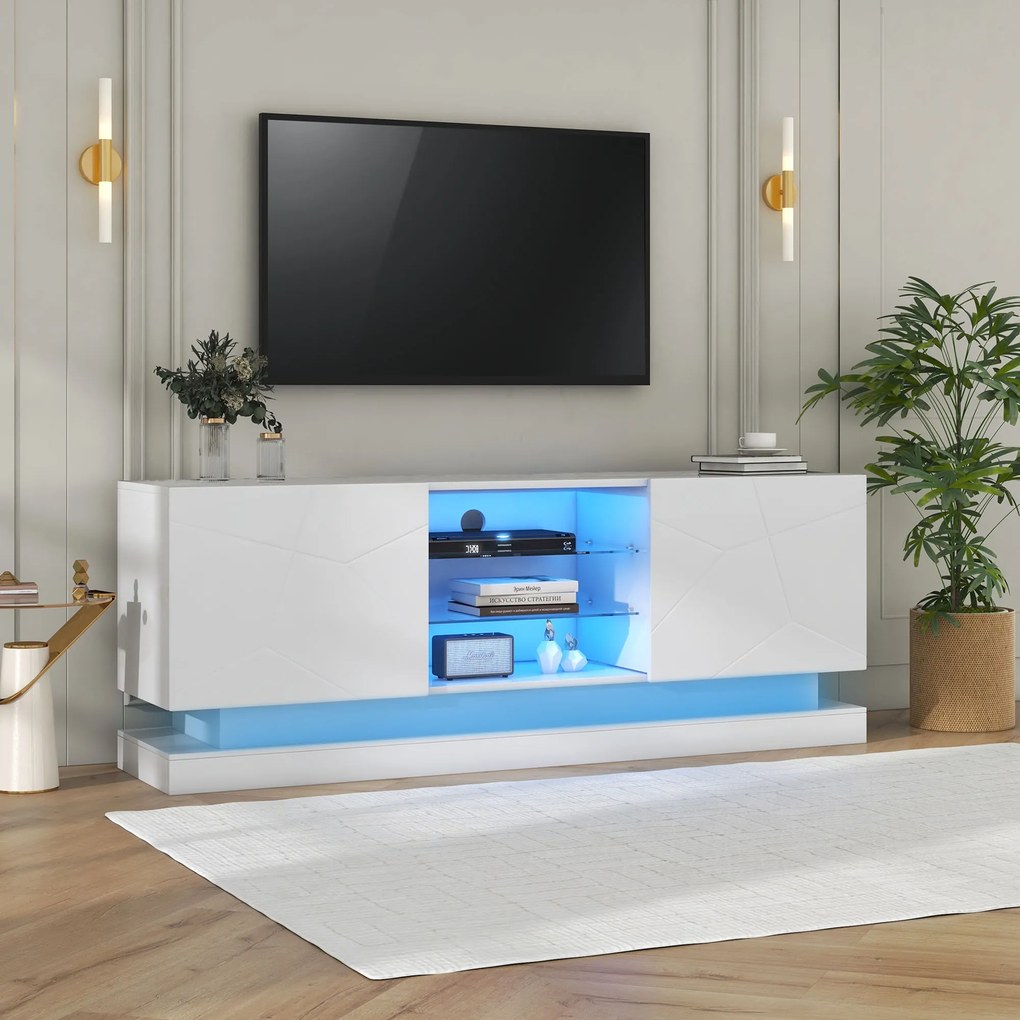 Comoda TV Moderno Lucios cu Raft de Sticlă Reglabil și Balamale Silențioase, Suport pentru TV până la 70 Inch, 160x38,5x60 cm, Alb