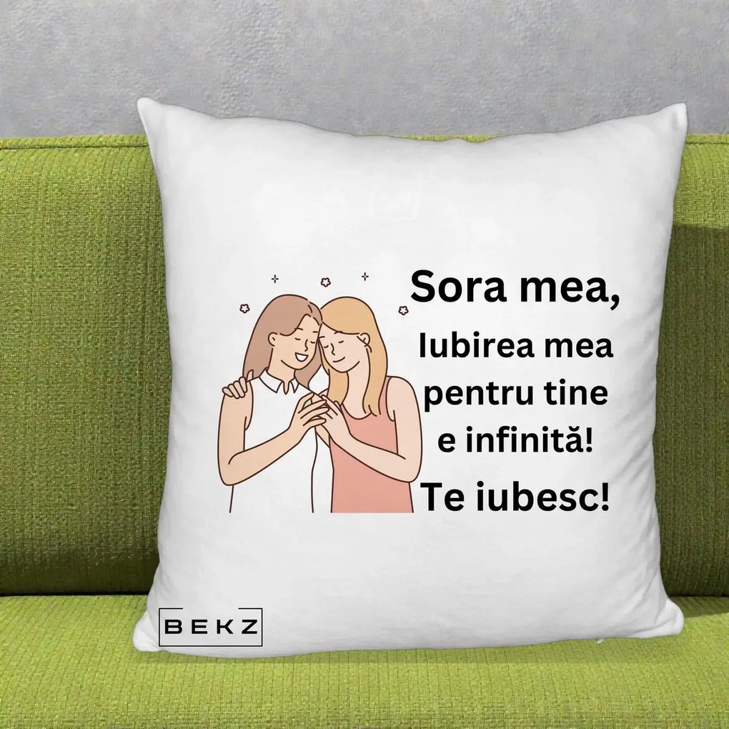 Cadou pentru Sora - Perna Personalizata Sora Mea Te Iubesc Imbratisare cu Sclipiri, 40x40 cm, Alb Pufos, Husa Detasabila, Perna Inclusa, BEKZ®
