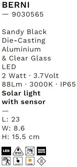 Mini Stalp LED solar iluminat exterior cu senzor de miscare IP65 BERNI H-15,5cm