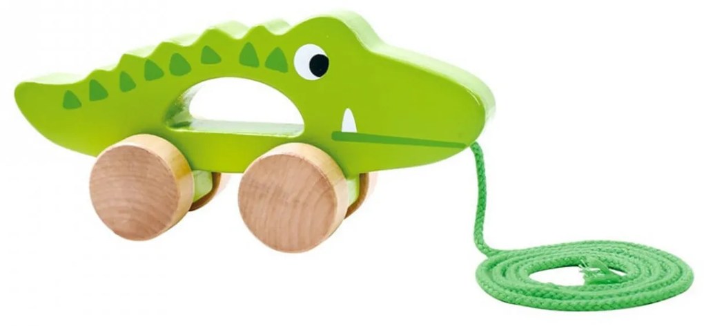 Jucarie educativa de tras din lemn masiv NOVOKIDS™ My first Tiny Crocodile, Cu roti, Motricitate , Cu sfoara de tractare, Materiale Eco, Verde