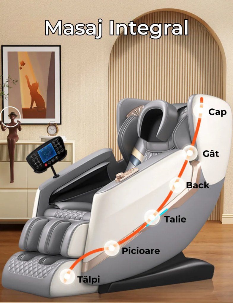 Fotoliu de Masaj V-ROKY CONFORT, cu Incalzire, Bluetooth, Display, Zero Gravity, 2 Boxe, Moduri Automate, Piele Ecologica, Bej/Gri