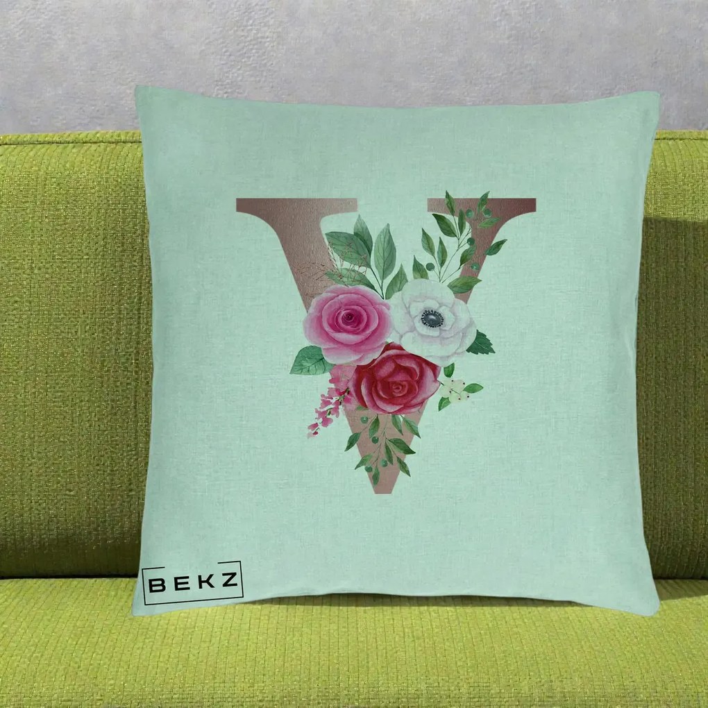 Cadou Personalizat - Perna Personalizata Monograma Rose Gold Litera V, 40x40 cm, Verde Menta, Husa Detasabila, Perna Inclusa, BEKZ®