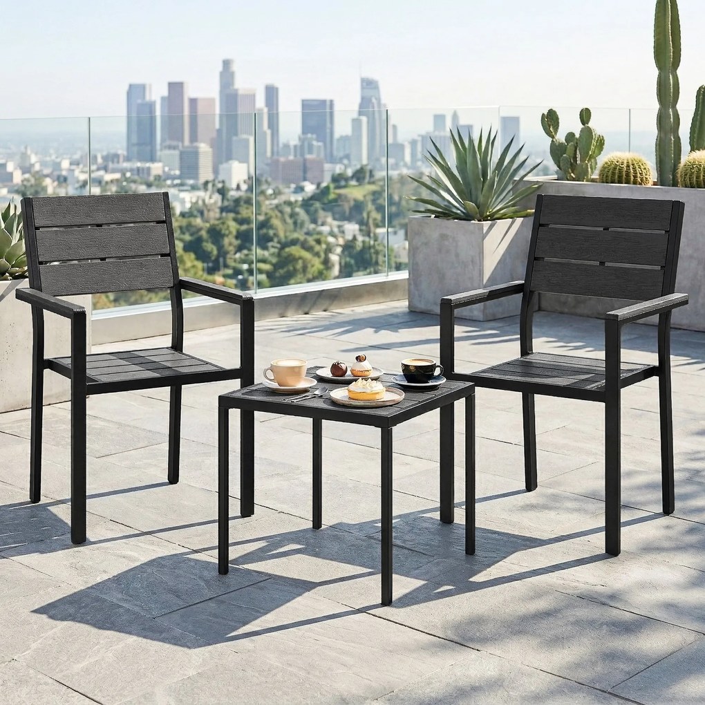 Outsunny Set bistro de grădină 3 piese masă bistro cu 2 scaune, design lamele, aspect lemn, blat HDPE rezistent la rugină | Aosom Romania