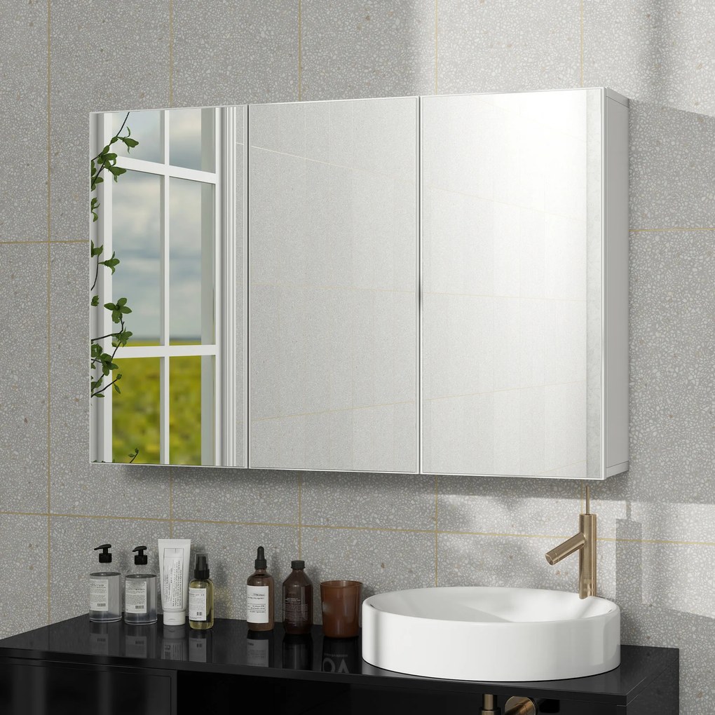HOMCOM Dulap cu oglindă pentru baie, Badschrank cu 3 uși cu oglindă, Montaj pe perete, 90 x 15,5 x 60 cm, Placă de fibră, Alb | Aosom Romania