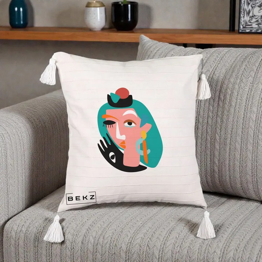 Perna Decorativa Portret Abstract Matisse Turcoaz, 40x40 cm, Bej cu Franjuri, Husa Detasabila, Perna Inclusa, BEKZ®