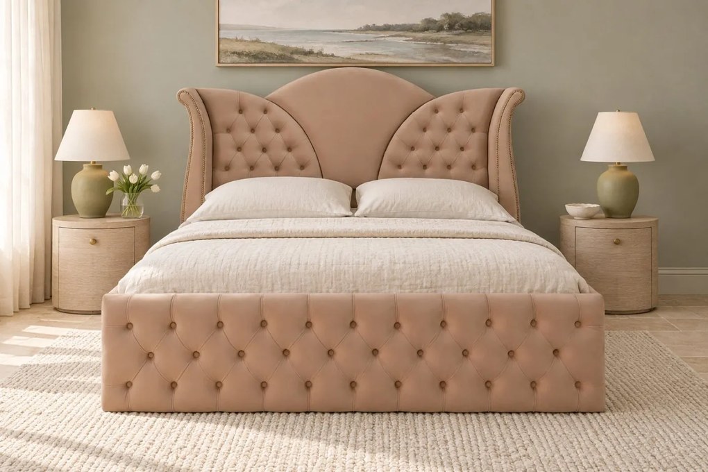 Pat tapițat Chesterfield din catifea Velora 180×200 cm, cappuccino, cu ladă de depozitare