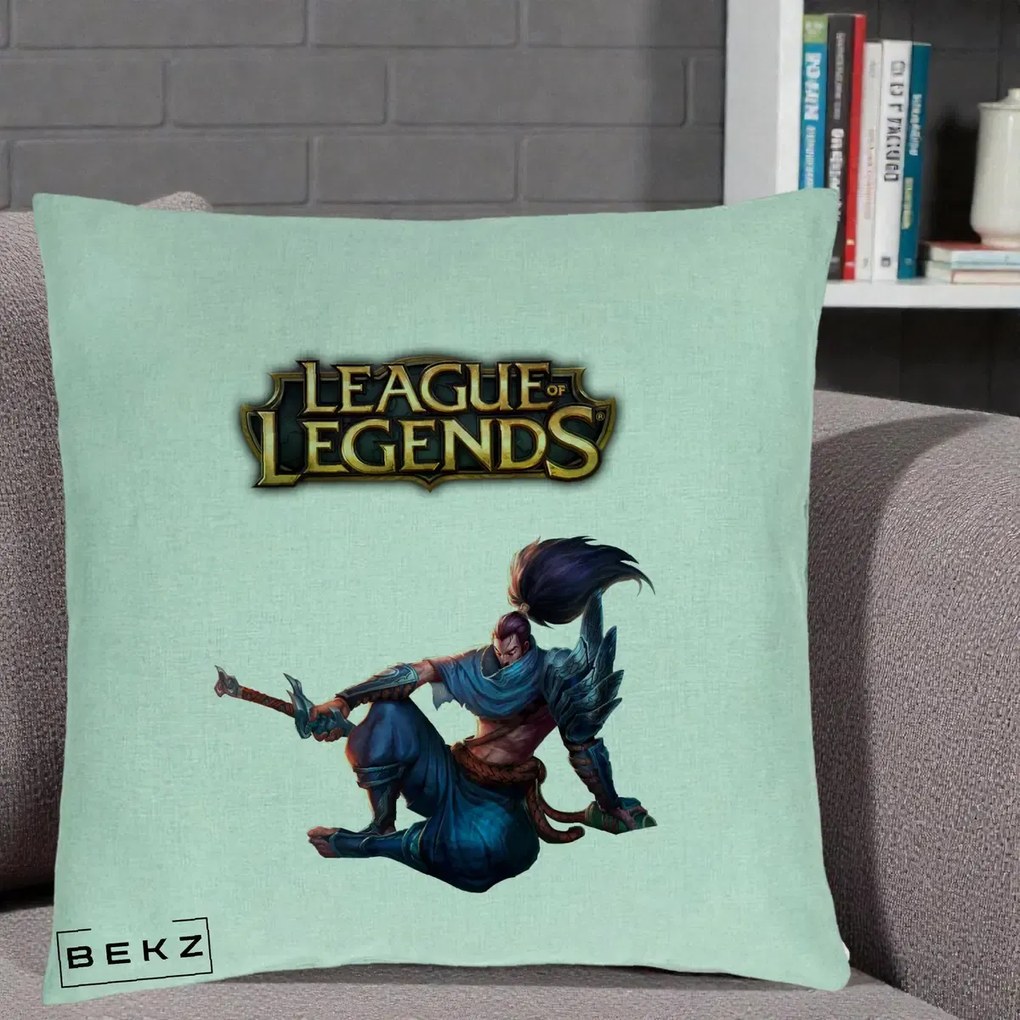 Perna Personalizata League of Legends Yasuo, 40x40 cm, Verde Menta, Husa Detasabila, Perna Inclusa, BEKZ®