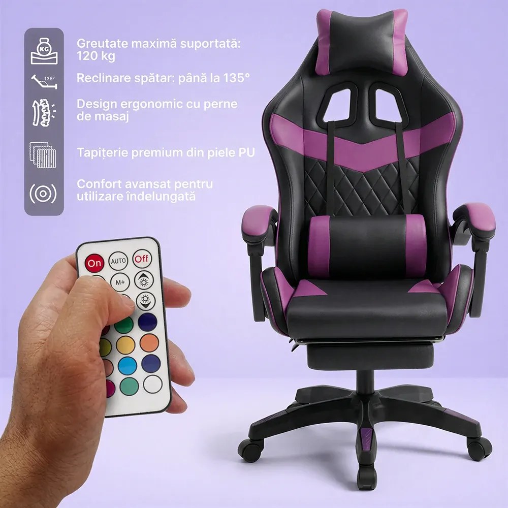 Scaun gaming, sistem iluminare bandă LED RGB, masaj în perna lombară, suport picioare, Negru/Mov