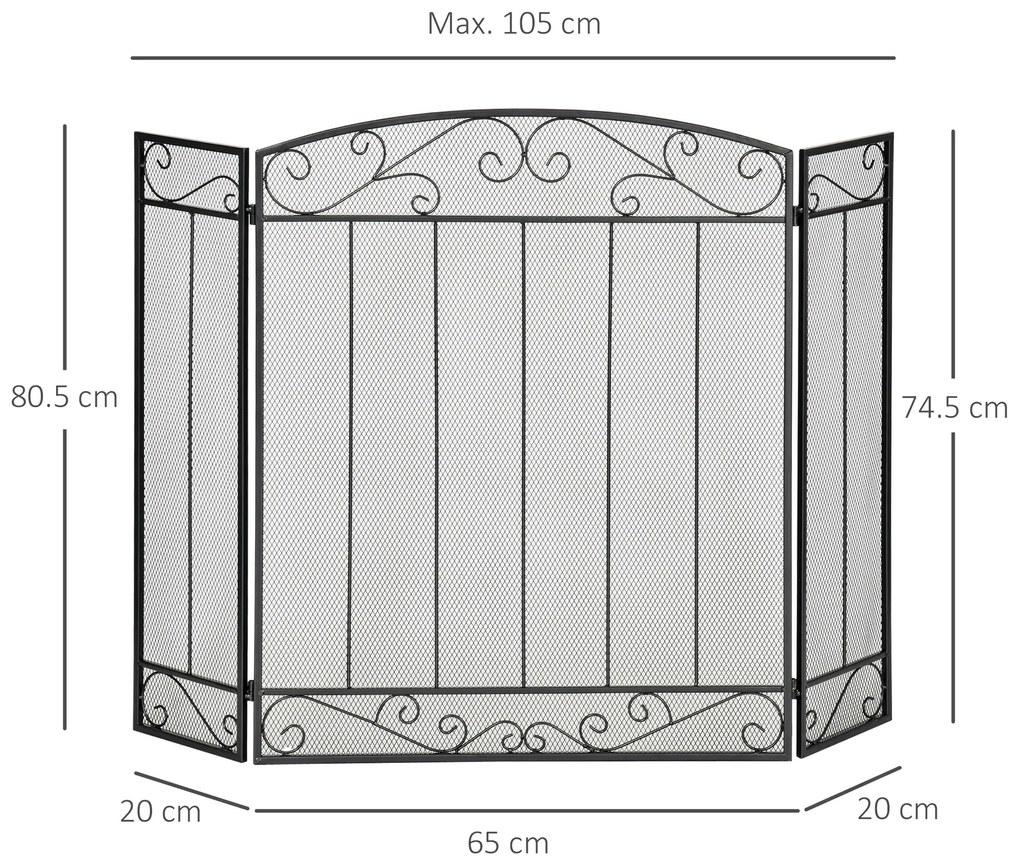 Parascantei pentru Semineu, protectie de scantei pentru semineu Pliabil, 3 Panouri Metal si Otel Negru 105x1,6x80,5cm HOMCOM | Aosom Romania