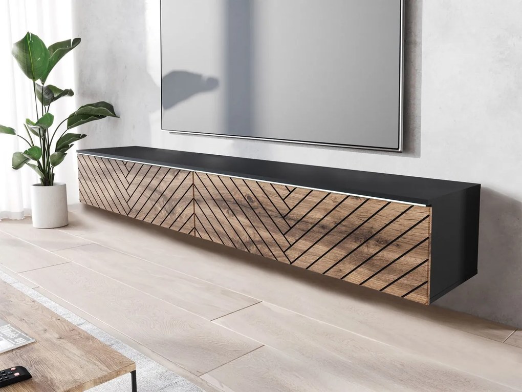 Dulap TV Dlana 180 MDF (Negru grafit + Stejar wotan) (cu iluminat LED alb). 1106214