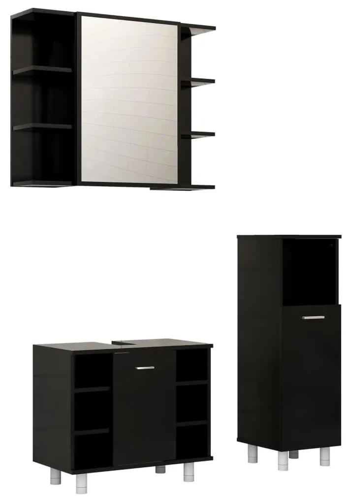 Set mobilier de baie, 3 piese, negru, PAL Negru, 1