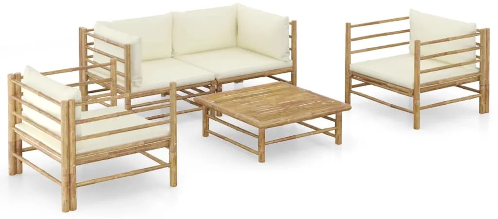 vidaXL Set mobilier de grădină cu perne alb crem, 5 piese, bambus