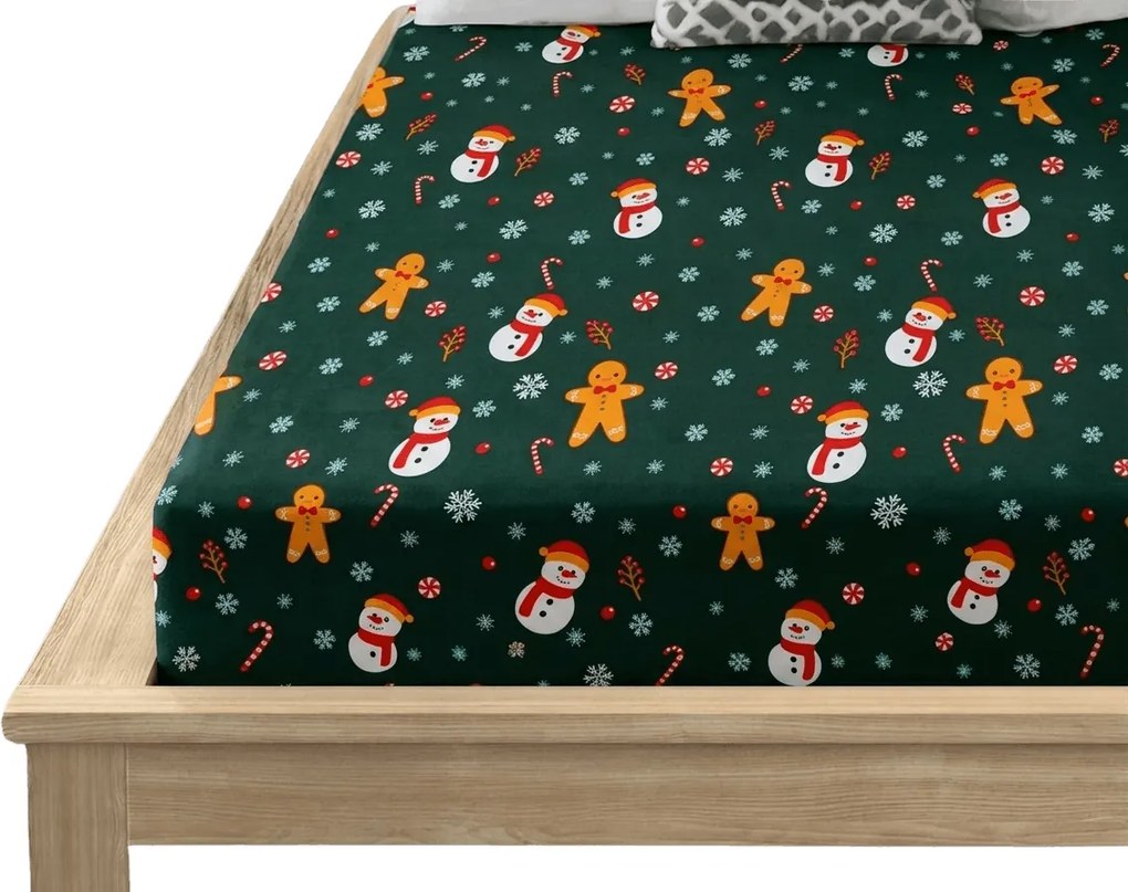 Cearsaf din microfibra SNOWMAN AND GINGERBREAD verde 180x200 cm