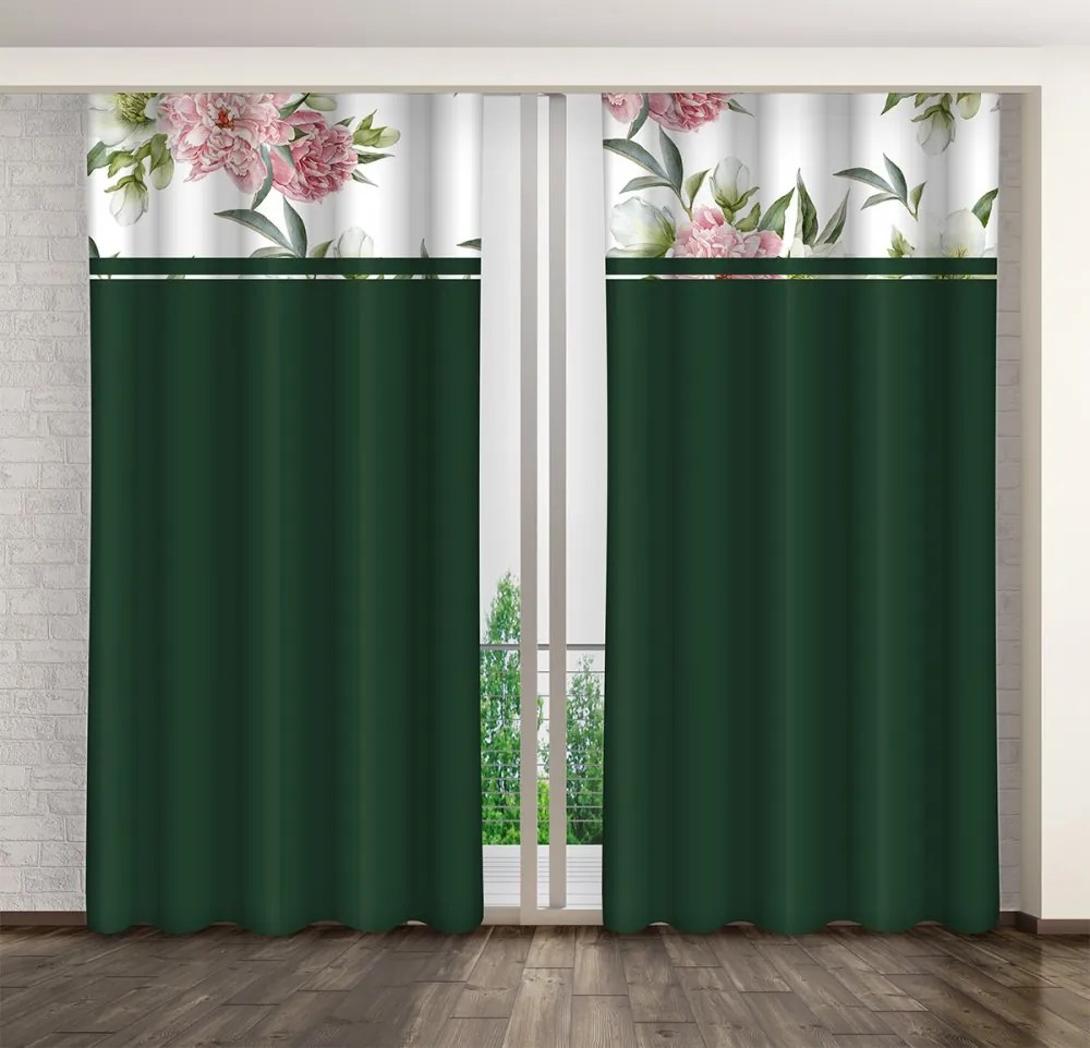 Draperie elegantă de culoare verde închis cu imprimare de bujori roz Lățime: 160 cm | Lungime: 250 cm