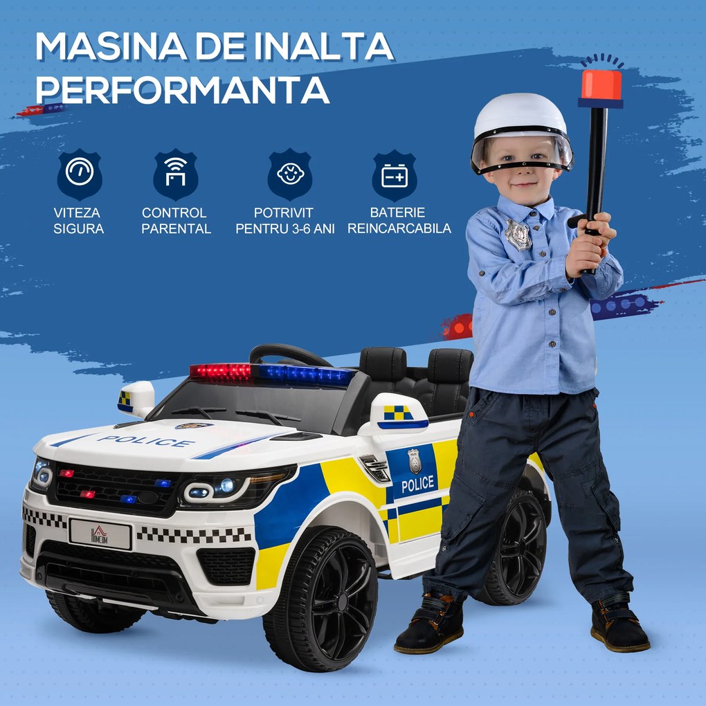 Masina Electrica pentru Copii de Politie Baterie 12V si Telecomanda, Sirena Lumini, Conexiune USB pentru Muzica 110x68x52cm HOMCOM | Aosom RO