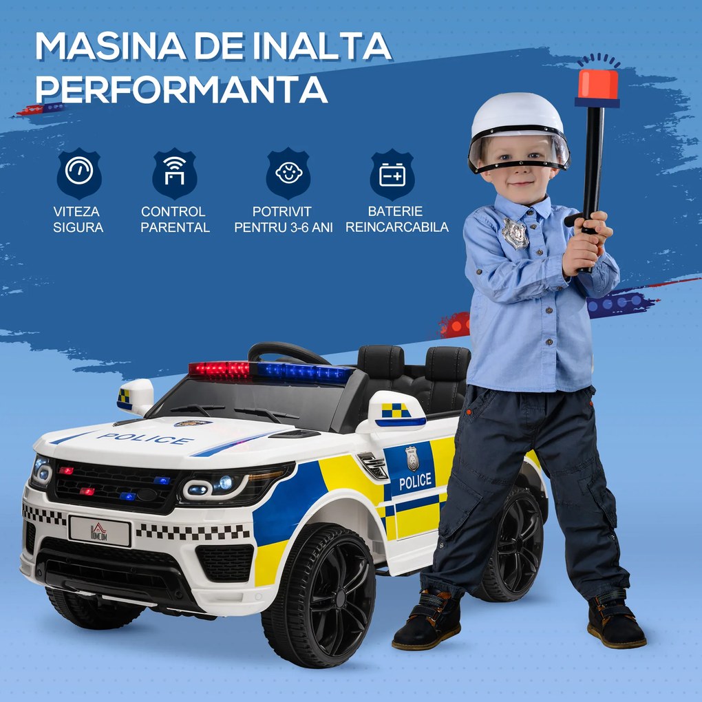 Masina Electrica pentru Copii de Politie Baterie 12V si Telecomanda, Sirena Lumini, Conexiune USB pentru Muzica 110x68x52cm HOMCOM | Aosom Romania