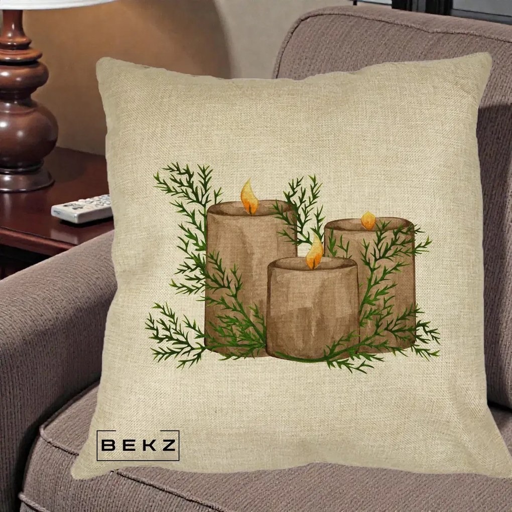 Perna Decorativa Lumanari Rustice cu Crengute Brad, 40x40 cm, Crem, Husa Detasabila, Perna Inclusa, BEKZ®