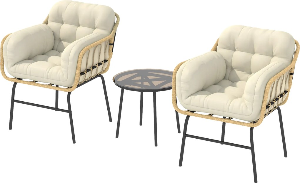 Outsunny Set mobilier exterior 3 piese din rășină împletită, masă din sticlă securizată, 2 fotolii cu perne, 62x73x79cm, Kaki | Aosom Romania