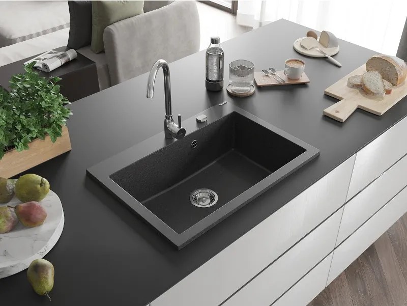 Mexen Elix chiuvetă de bucătărie granit 1 cameră 700 x 500 mm, negru pătat, sifon crom - 6526701005-76