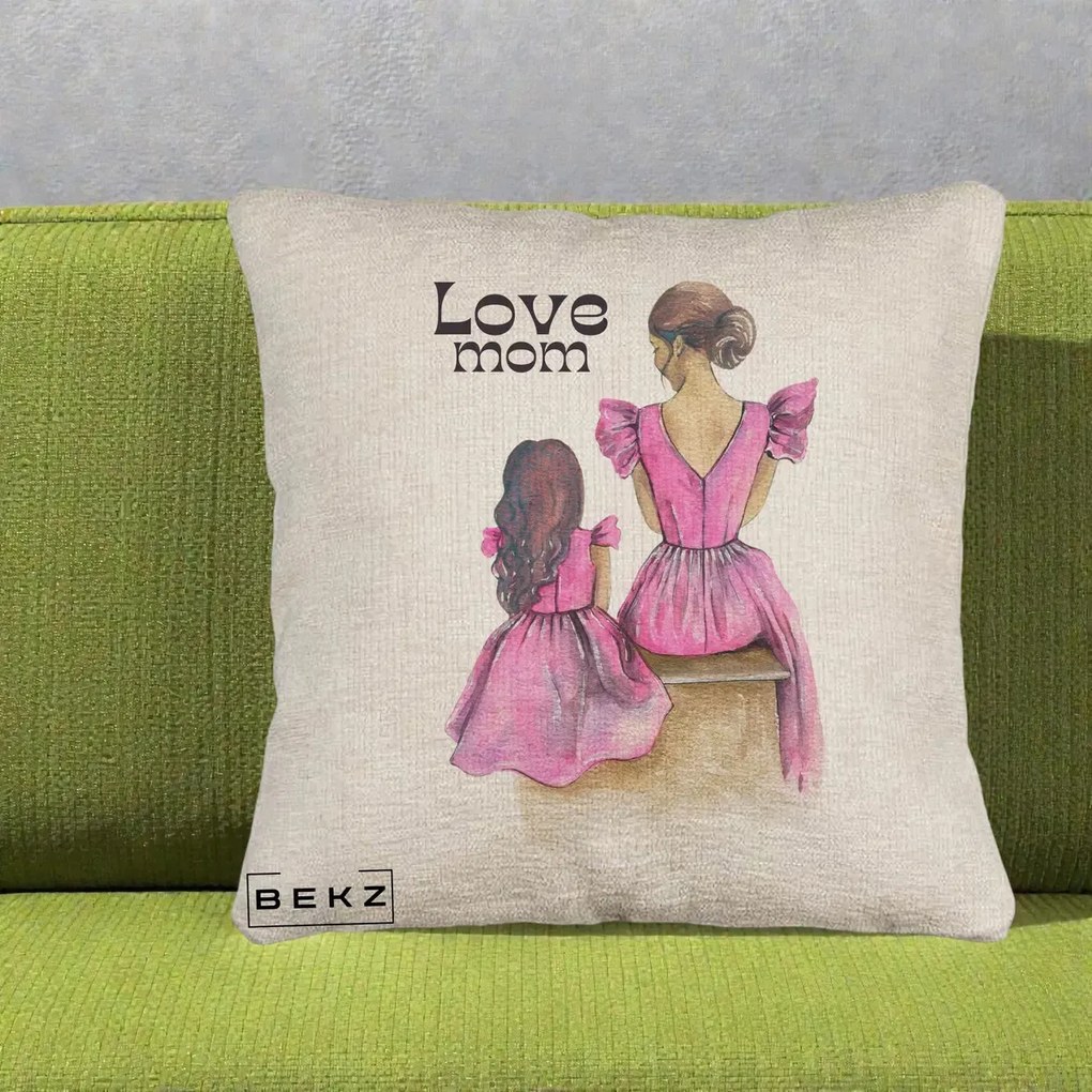 Cadou pentru Mama - Perna Personalizata Love Mom Rochii Roz, 40x40 cm, Bej Canapea, Husa Detasabila, Perna Inclusa, BEKZ®