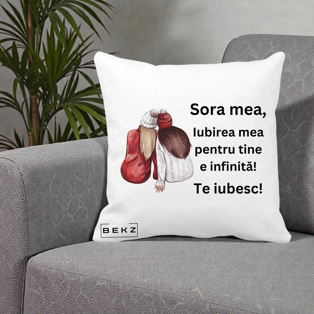 Cadou pentru Sora - Perna Personalizata Sora Mea Te Iubesc Doua Fete Iarna Acuarela, 40x40 cm, Alba Mata, Husa Detasabila, Perna Inclusa, BEKZ®