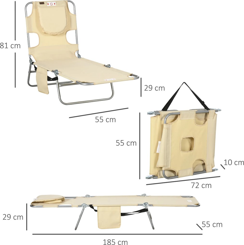 Outsunny Șezlong de grădină, scaun reclinabil cu deschidere căptușită pentru față, șezlong de masaj pentru exterior, buzunar lateral, material textil, metal, Bej | Aosom Romania