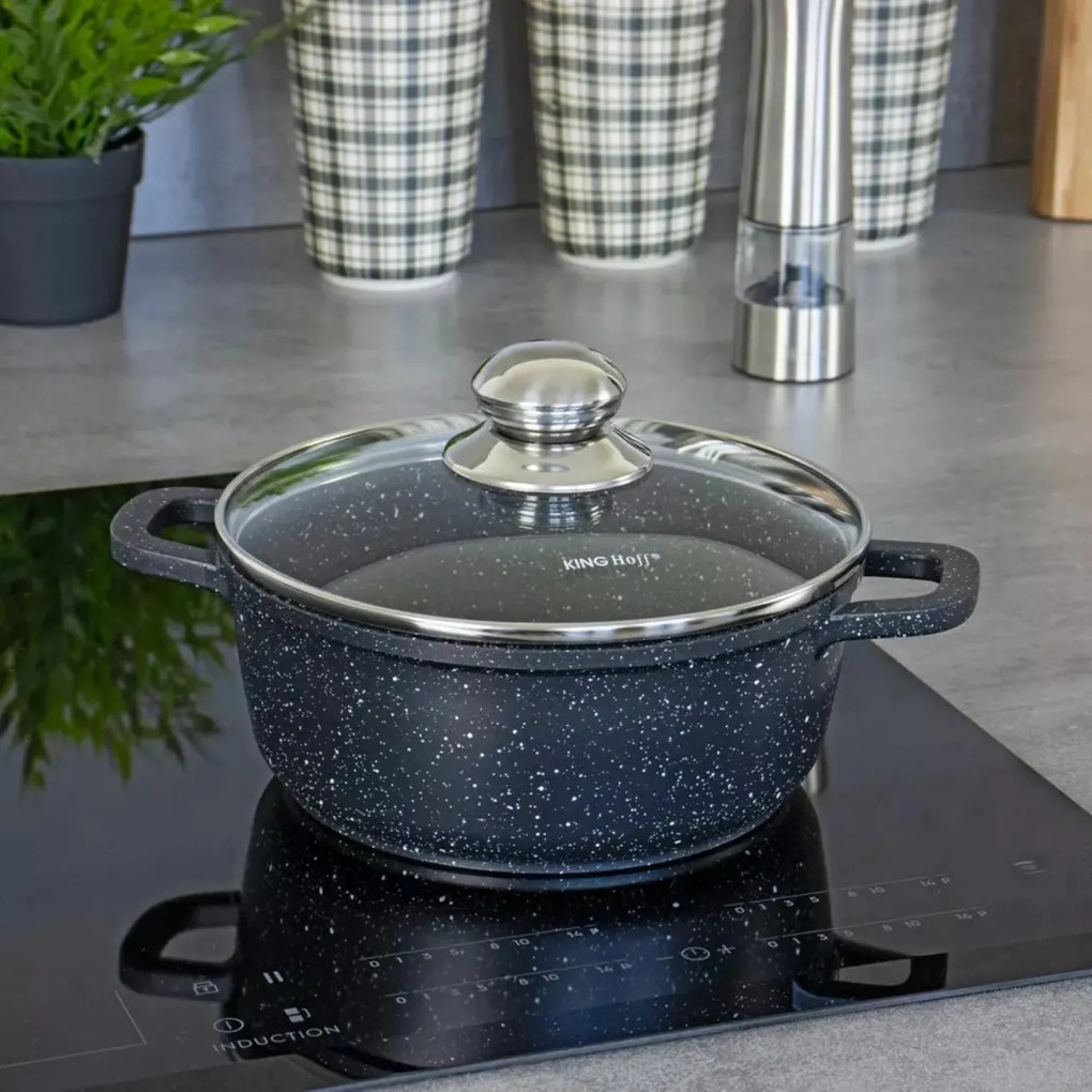 Oală cu capac 24 cm, 4.5L – Kinghoff KH 1595, strat de marmură, culoare neagră, pentru gătit zilnic, plite și inducție