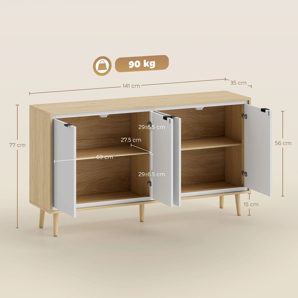 HOMCOM Bufet Modern cu 4 Uși și Raft Reglabil 141x35x77cm Alb și Stejar | Aosom Romania