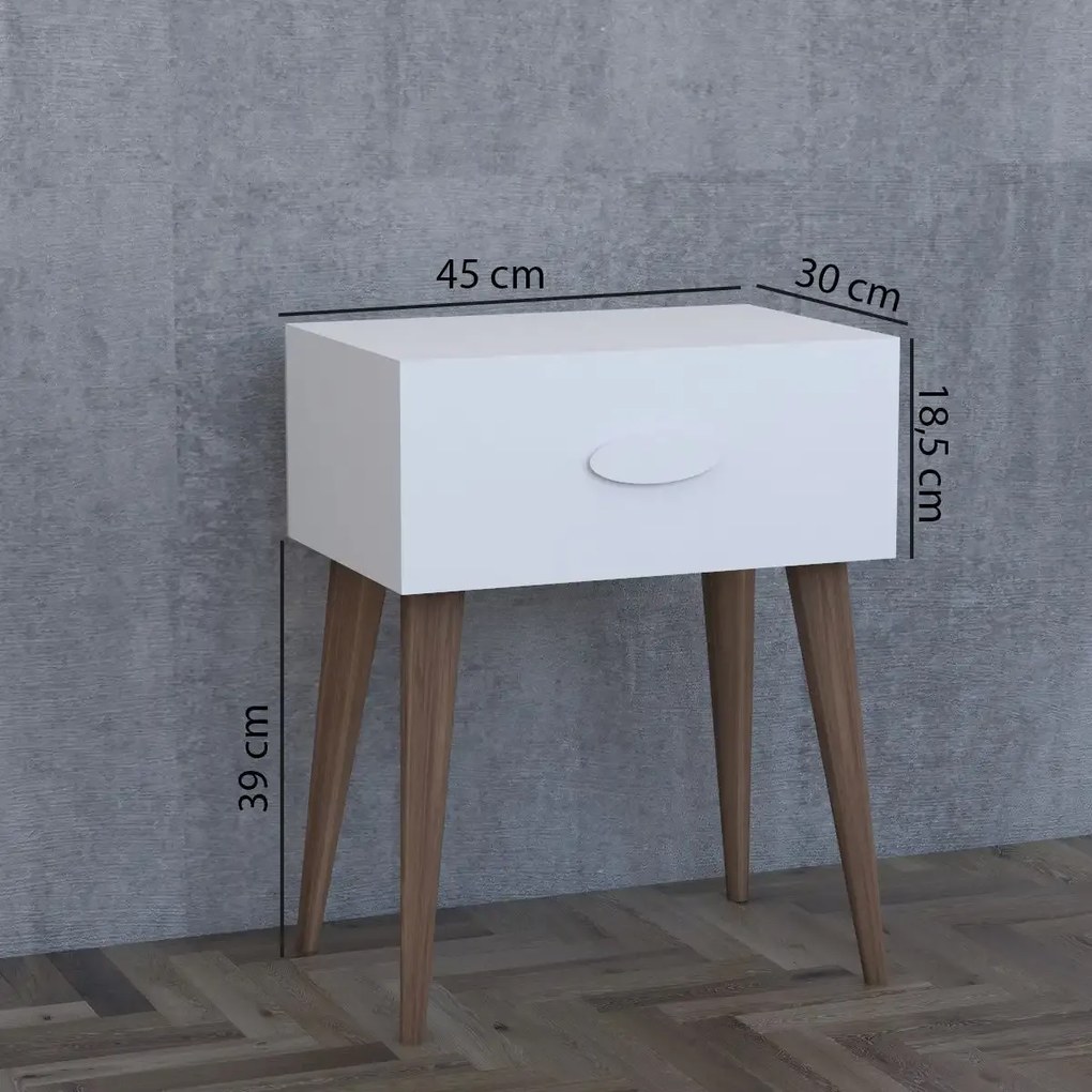 Noptiera moderna cu sertar Sara Homs 45 x 30 x 57.5 cm, Alb-nuc