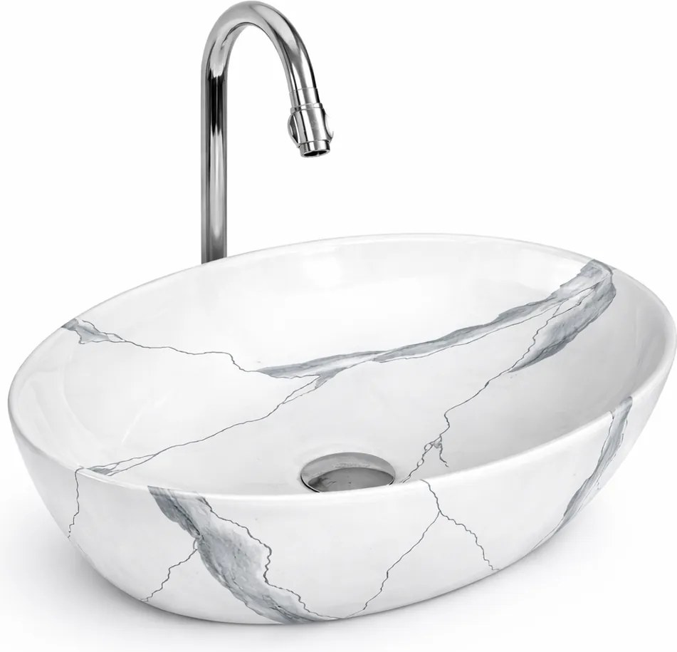 MONACO-M || Lavoar montat pe blat, ceramică, alb, cu model marmură, oval