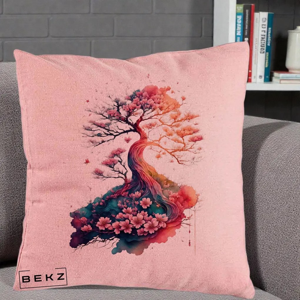 Perna Decorativa Copac Sakura Acuarela Fantasy, 40x40 cm, Roz, Husa Detasabila, Perna Inclusa, BEKZ®