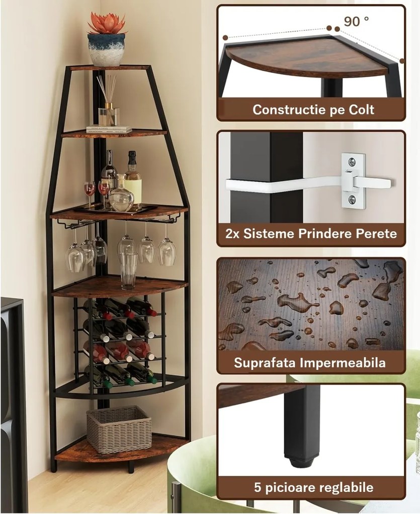 RVI5 - Rafturi Vin pentru colt, 42 cm, depozitare vin, raft stil industrial, bucatarie, living, dining - Negru - Maro