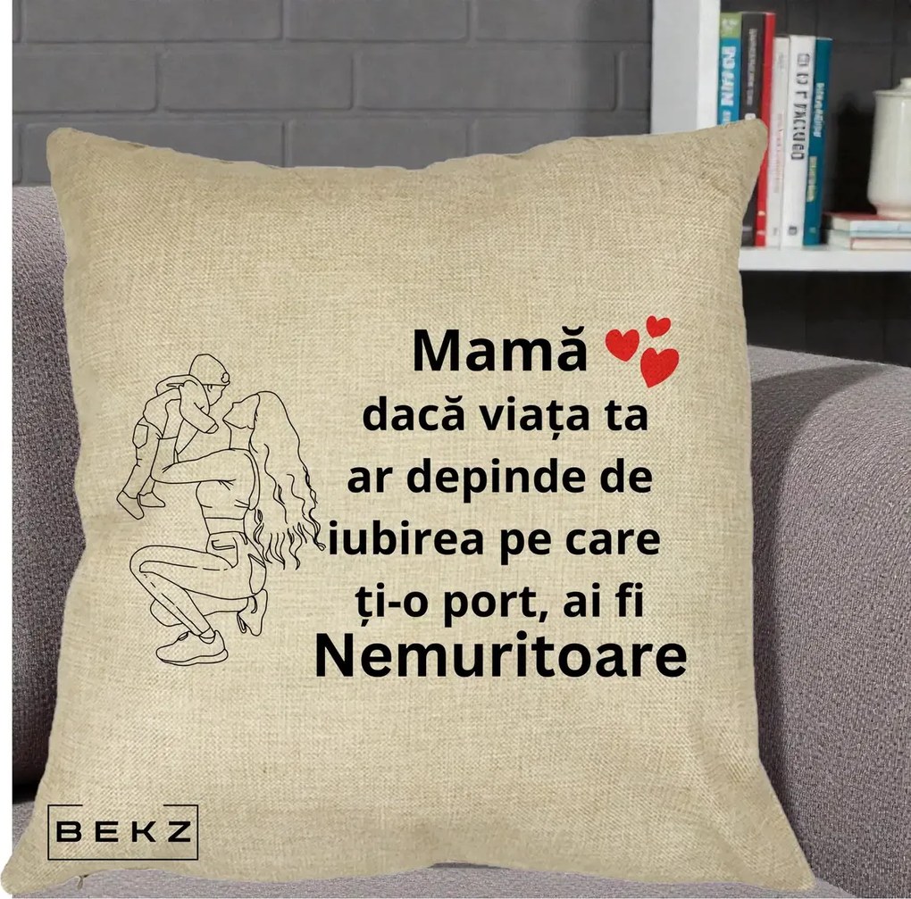 Cadou pentru Mama - Perna Personalizata Mama Nemuritoare Portret Graphic, 40x40 cm, Crem, Husa Detasabila, Perna Inclusa, BEKZ®