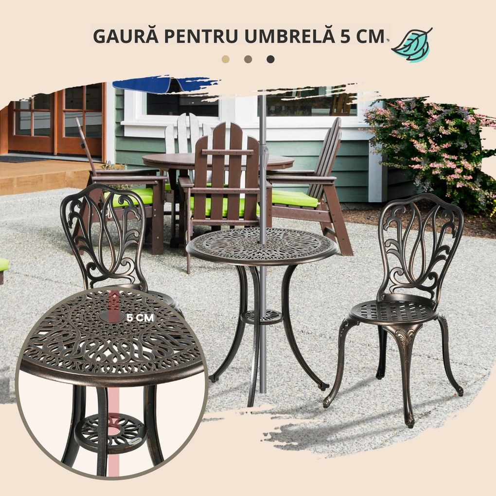 Outsunny Set Mobilier Grădină 2 Persoane 2 scaune și Masă Rotundă stil retro din aluminiu turnat, bronz | Aosom Romania