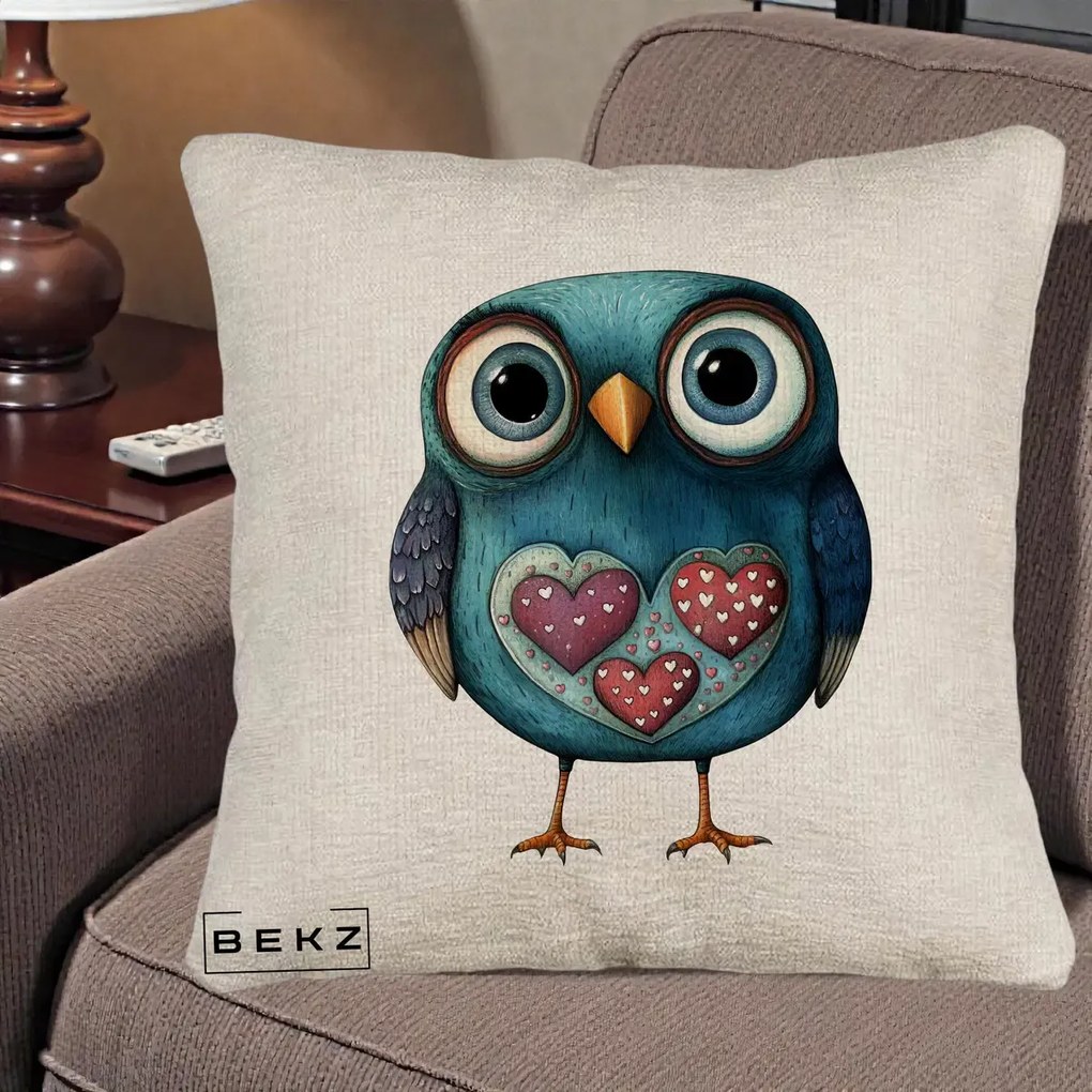 Perna Decorativa Bufnita Teal cu Doua Inimi, 40x40 cm, Bej Canapea, Husa Detasabila, Perna Inclusa, BEKZ®