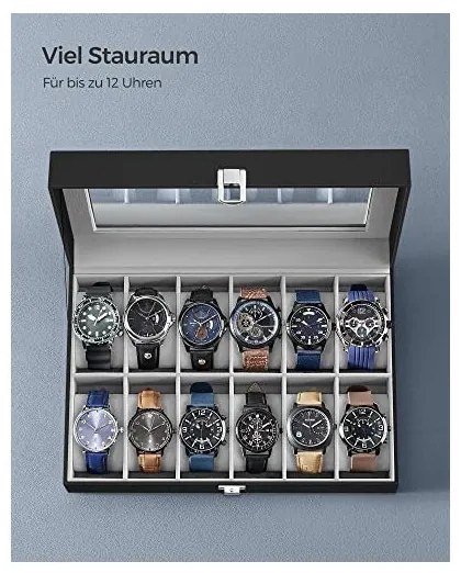 Cutie de ceasuri, Songmics, 20.2 x 30.2 x 7.8 cm, JWB12BK, Gri