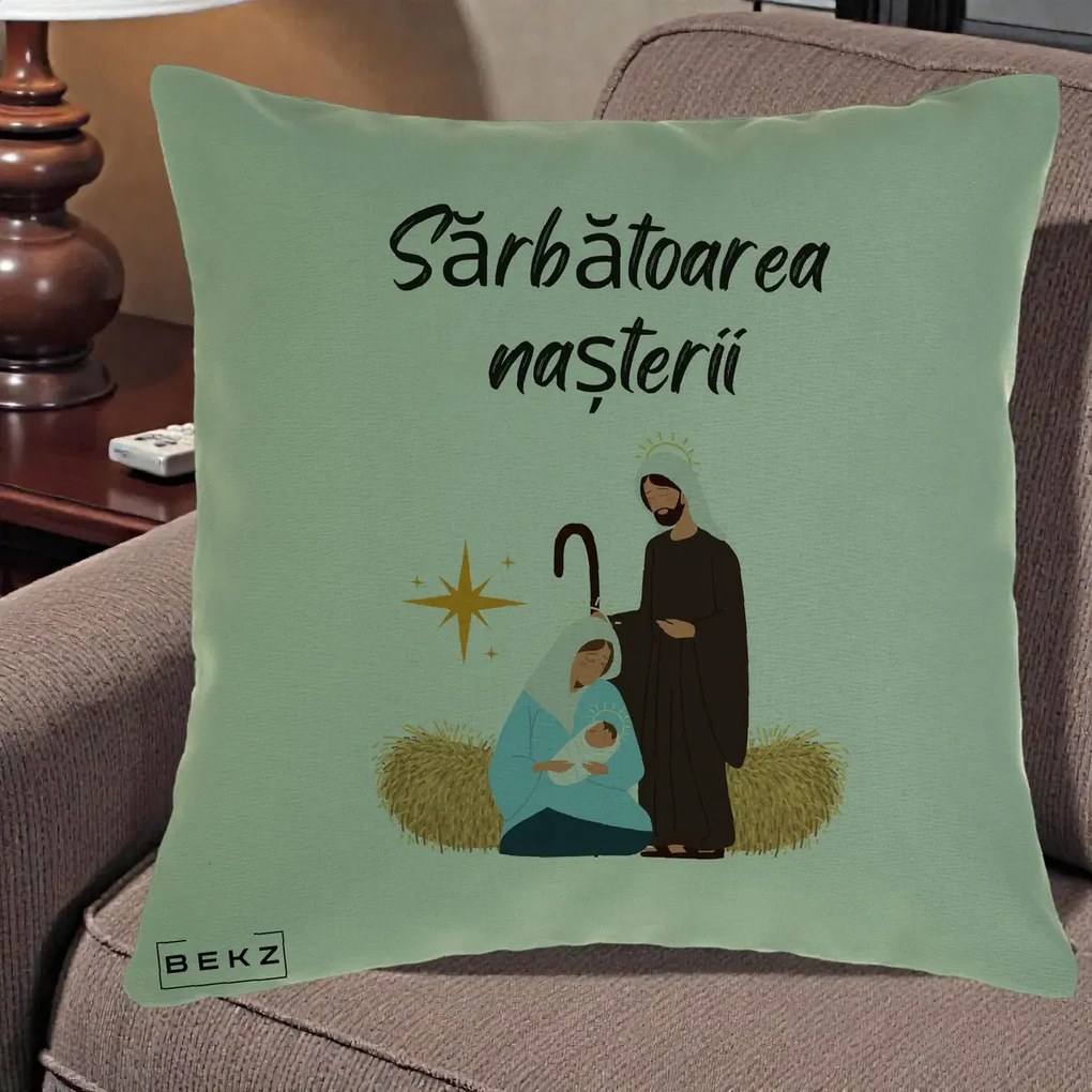 Perna Decorativa Nasterea Domnului Sfanta Familie Sarbatoarea Nasterii, 40x40 cm, Verde, Husa Detasabila, Perna Inclusa, BEKZ®
