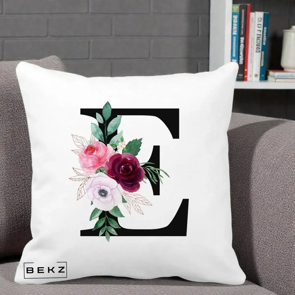 Cadou Personalizat - Perna Personalizata Monograma Florala Litera E, 40x40 cm, Alba Mata, Husa Detasabila, Perna Inclusa, BEKZ®