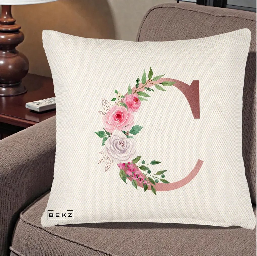 Cadou Personalizat - Perna Personalizata Monograma Rose Gold Litera C, 40x40 cm, Crem Reliefat, Husa Detasabila, Perna Inclusa, BEKZ®