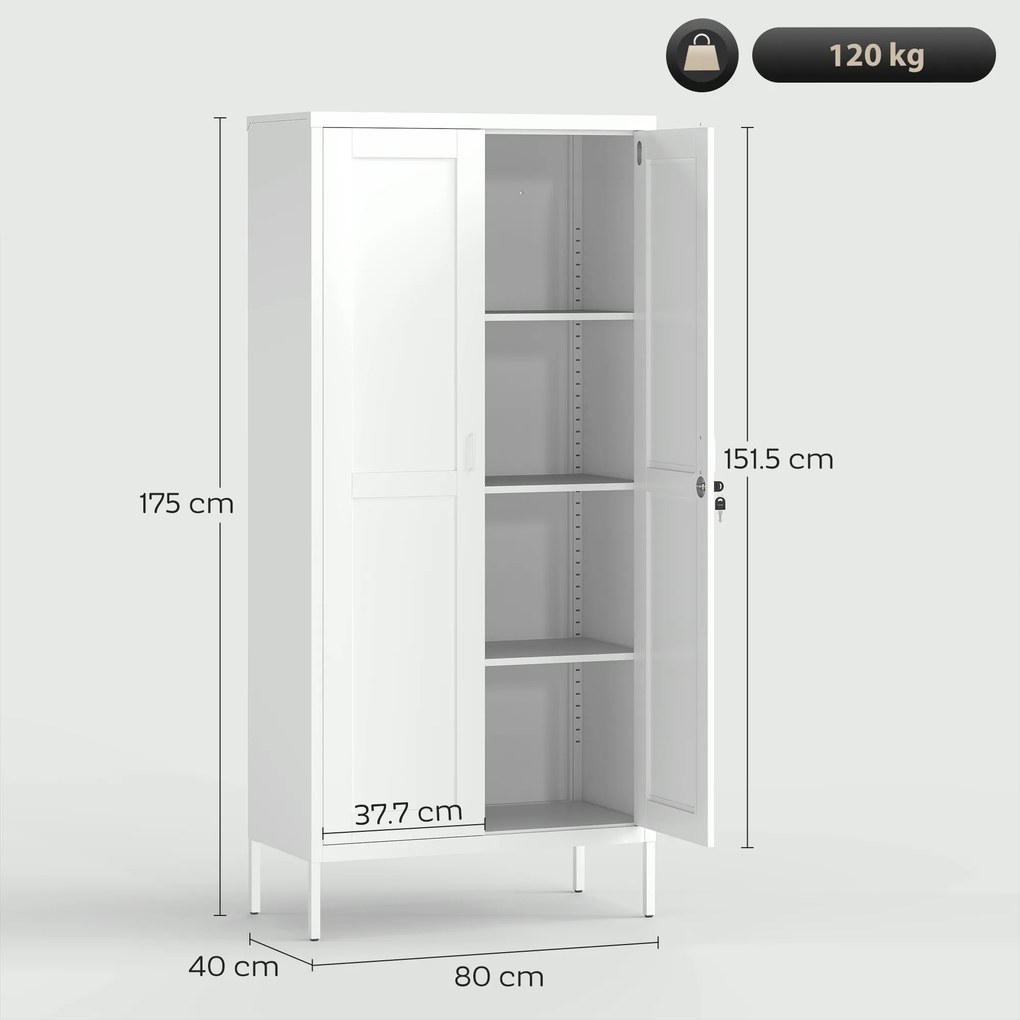 HOMCOM Dulap pentru Birou în Oțel cu 3 Rafturi Reglabile cu Serratură și 2 Chei, 80x40x175 cm, Alb | Aosom Romania