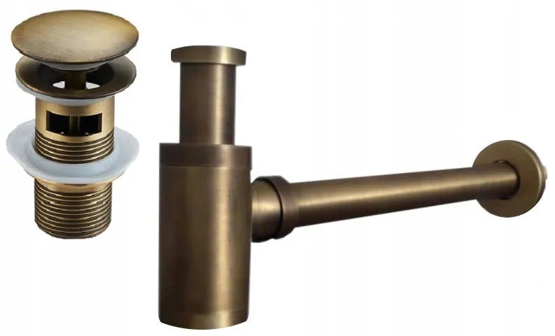 Mexen semi-sifon pentru lavoar rotund cu dop clic-clac, cu preaplin, bronz antic - 7992050-30