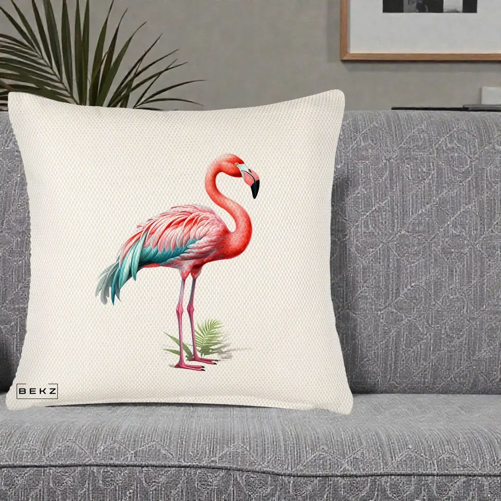 Perna Decorativa Flamingo Roz cu Pene Teal, 40x40 cm, Crem Reliefat, Husa Detasabila, Perna Inclusa, BEKZ®