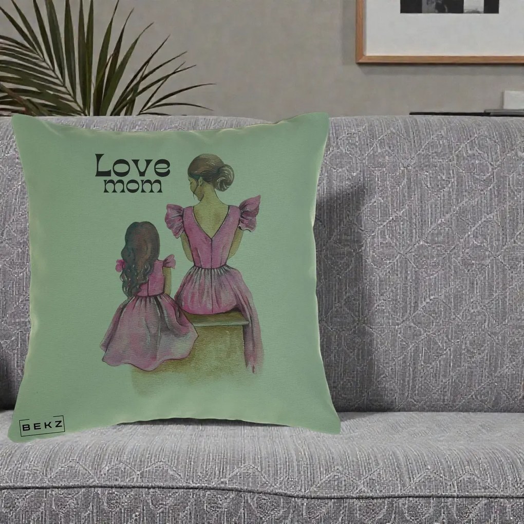 Cadou pentru Mama - Perna Personalizata Love Mom Rochii Roz, 40x40 cm, Verde, Husa Detasabila, Perna Inclusa, BEKZ®