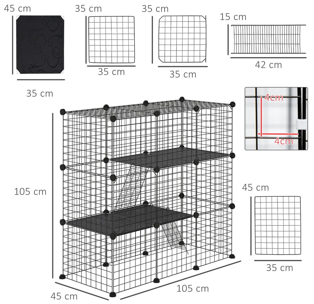 PawHut Țarc Modular pentru Animale de Companie de Talie Mică, cu Panouri și Accesorii, 105x45x105 cm, Negru | Aosom Romania