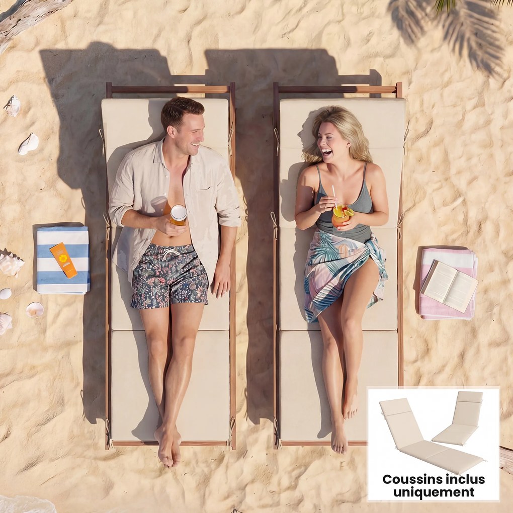 Outsunny Set de 2 perne pentru șezlong, pernă de soare cu 6 prinderi, rezistență UV, 183x53,5x6,5cm, crem | Aosom Romania