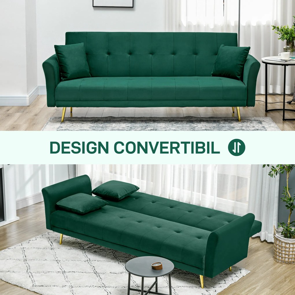 HOMCOM Canapea Pat cu 3 Locuri, 2 Perne Incluse, Spătar Reglabil, Canapea Versatilă 206x81x83 cm, Verde Elegant | Aosom Romania