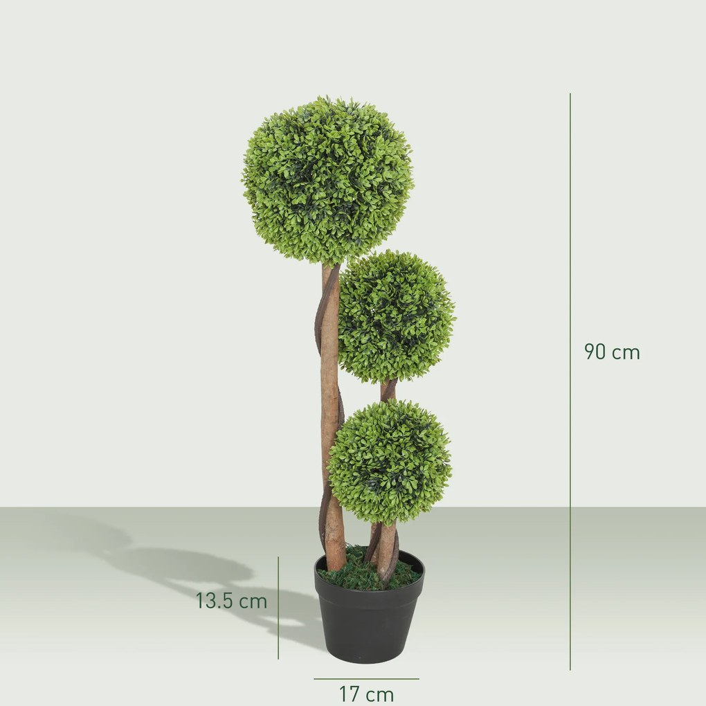 HOMCOM Set 2 Plante de Buxus Artificiale cu 3 Sfere, cu Ghiveci și Bază Întărită, Înălțime 90 cm, pentru Interior și Exterior | Aosom Romania