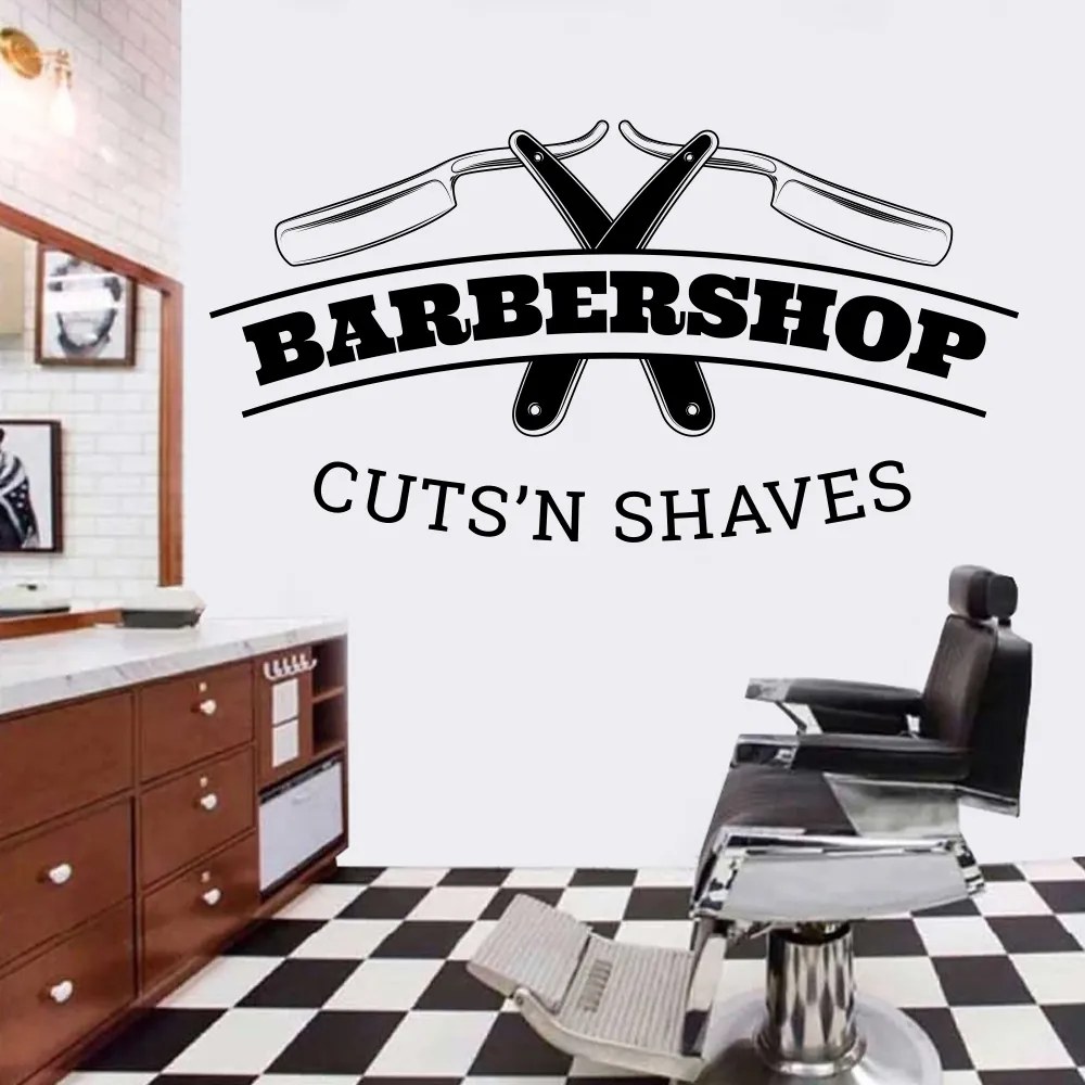 Sticker Decorativ Salon Barber Shop / Frizerie, 48x92 cm, Negru, Oracal