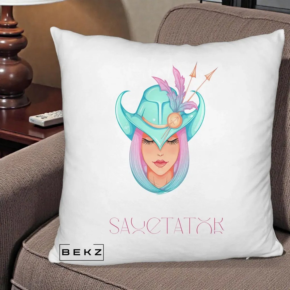 Perna Personalizata Zodiac Sagetator Cowgirl, 40x40 cm, Alb Pufos, Husa Detasabila, Perna Inclusa, BEKZ®